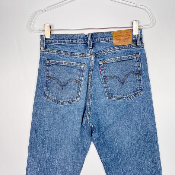 Levis Womens 28 High Rise Button Front Straight Crop Jeans Raw Fray Hem Denim - Picture 7 of 14